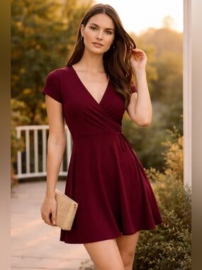Rebel Sugar Burgundy Wrap Dress Fit & Flare Short Sleeve Small Cruel Intentions